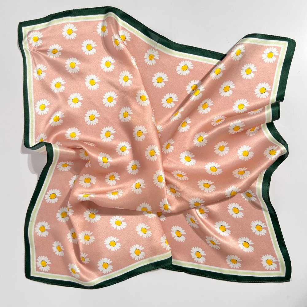 Pink & White Green Daisy Pure Silk Square Scarf